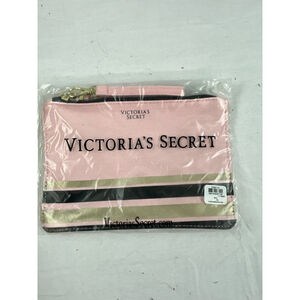 Victoria’s Secret Makeup Pouch Bag Pink Striped Wristlet Strap Zipper Top NWT